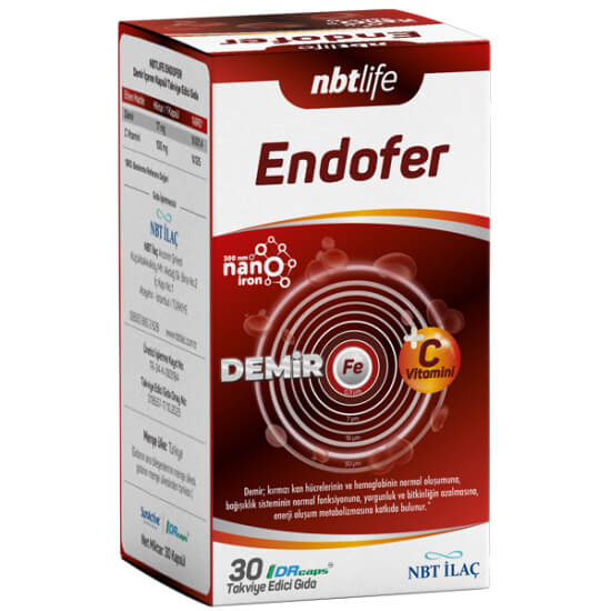 NBT Life Endofer 30 kapsül demir takviyesi 17 mg demir ve 100 mg C vitamini içeren bitkisel kapsül kutusu- 1