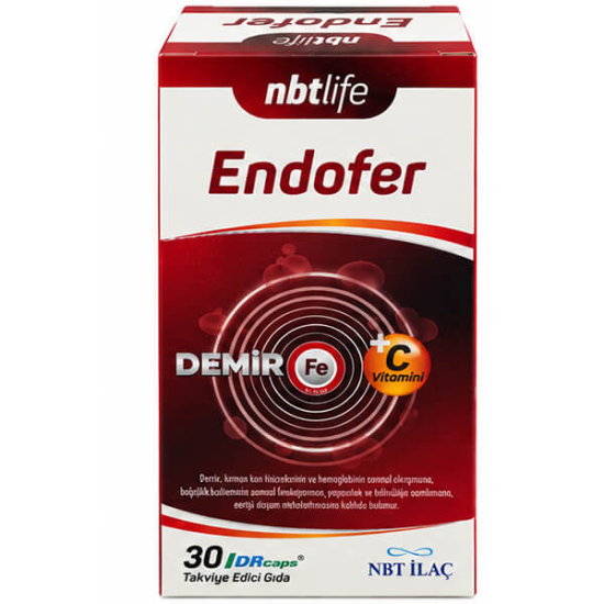 NBT Life Endofer 30 kapsül demir takviyesi 17 mg demir ve 100 mg C vitamini içeren bitkisel kapsül kutusu