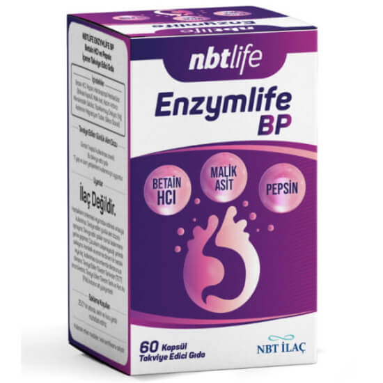 NBT Life Enzymlife 60 kapsül takviye edici gıda betain HCl 500 mg pepsin 165 mg DL-malik asit 50 mg- 1