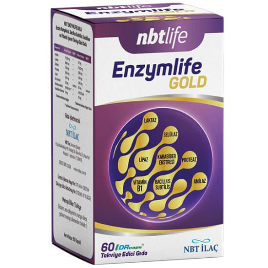 NBT Life Enzymlife Gold 60 Tablet sindirim enzimi takviyesi amilaz 27 mg laktaz 13,20 mg B1 50 mg karabiber ekstresi- 1