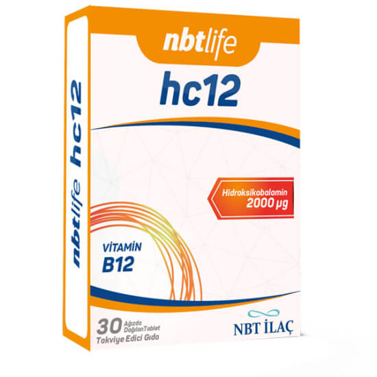 NBT Life HC12 B12 vitamini 2000 µg hidroksokobalamin 30 kapsül gıda takviyesi mannitol portakal aroması- 1