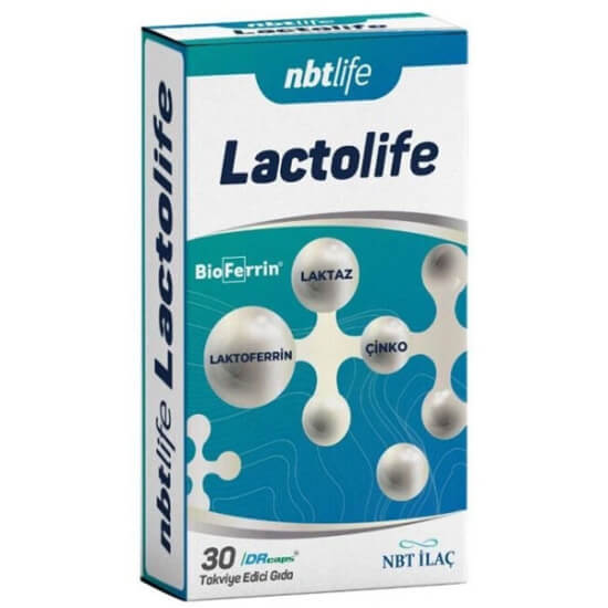 NBT Life Lactolife 30 kapsül bitkisel kapsül takviye 200 mg laktoferrin 10 mg laktaz enzimi 5 mg çinko- 1