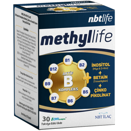 NBT Life Methyllife 30 kapsül aktif B kompleks, 500 mg betain TMG, çinko pikolinat, folat 400 µg, B12 1000 µg- 1