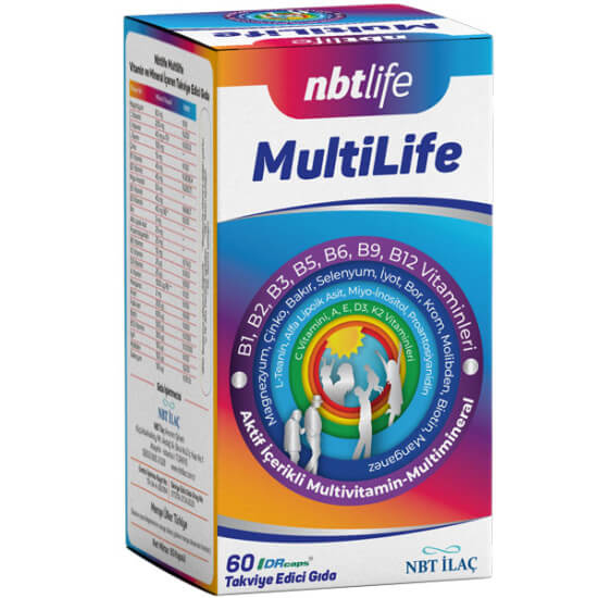 NBT Life Multilife 60 kapsül multivitamin, 12 vitamin 9 mineral; 2 kapsülde C vitamini 200 mg, magnezyum 60 mg- 1