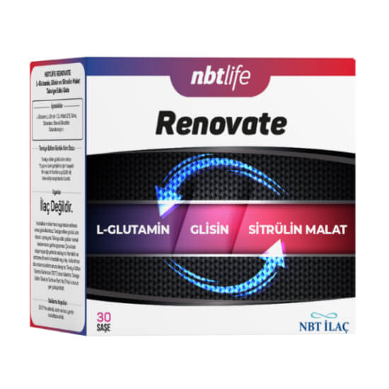 NBT Life Renovate 30 saşe toz takviye 2500 mg L-Glutamin 1000 mg Glisin 1000 mg L-Sitrulin DL-Malat içeriği- 1