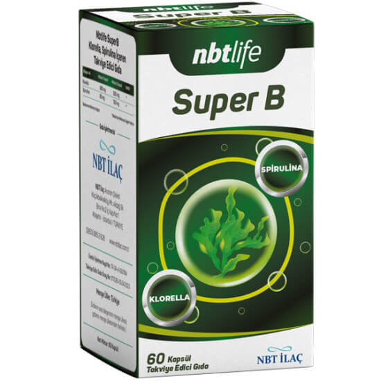 NBT Life Super B 60 kapsül takviye edici gıda klorella 520 mg spirulina 120 mg içeren bitkisel kapsül kutusu- 1