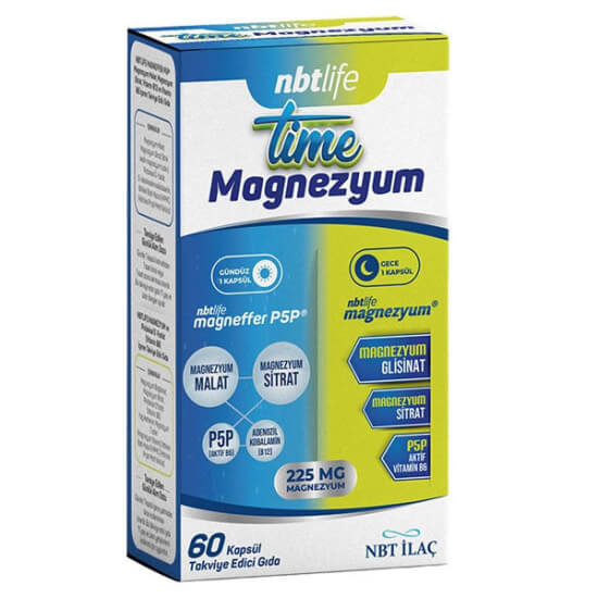 NBT Life Time Magnezyum 60 kapsül takviye, magnezyum sitrat malat bisglisinat, B6 P5P ve B12 içeriği- 1