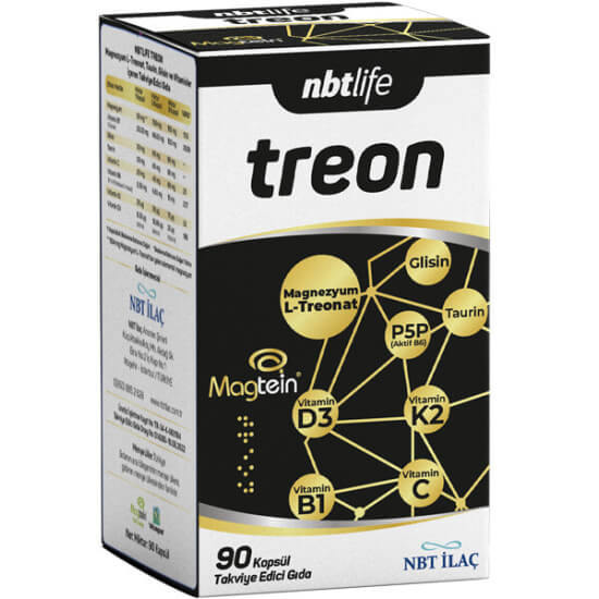 Nbt Life Treon 90 kapsül magnezyum L-treonat 150 mg B1 B6 C D3 K2 vitaminleri taurin glisin takviye- 1