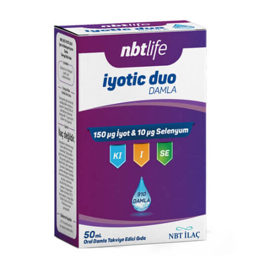 NBT Life İyotic Duo 50 ml damla mineral takviyesi, iyot 150 µg ve selenyum 10 µg içeren ürün şişesi- 1