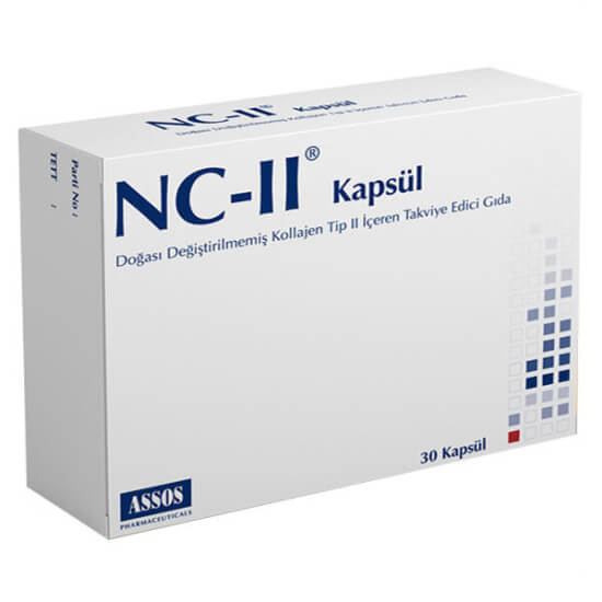 Nc-II 30 kapsül Tip II kolajen takviyesi kutusu, her kapsülde 40 mg kolajen ve 10 mg doğası değiştirilmemiş Tip II- 1