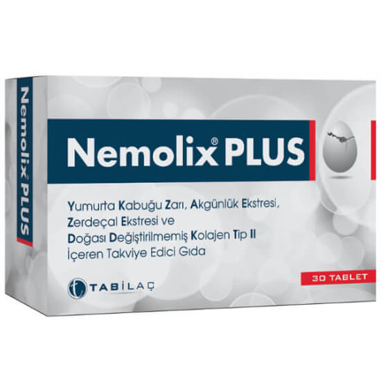 Nemolix Plus 30 tablet takviye edici gıda kutusu, yumurta kabuğu zarı 300 mg, tip II kolajen 40 mg, zerdeçal ekstresi- 1