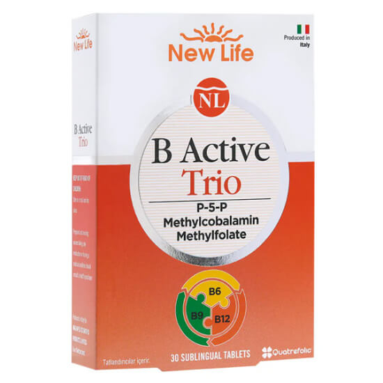 New Life B Active Trio 30 dil altı tablet; B6 10 mg P5P, B12 1000 µg metilkobalamin, folat 400 µg vegan glütensiz- 1
