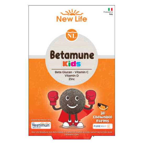 New Life Betamune Kids 30 çiğneme tableti 50 mg beta glukan 120 mg C vitamini 500 IU D vitamini bioflavonoid- 1