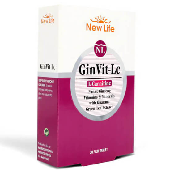 New Life GinVit LC 30 tablet multivitamin-mineral; 8 vitamin 12 mineral, 50 mg ginseng ve yeşil çay ekstresi- 1