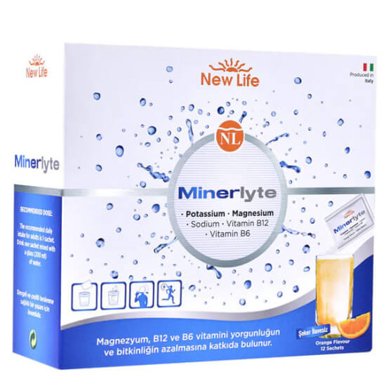 New Life Minerlyte 12 şase elektrolit; 200 mg magnezyum 325 mg potasyum sodyum B6 P5P B12 portakal aroma- 1