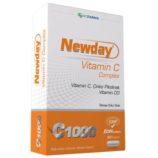 Newday Vitamin C Complex 30 kapsül DRCaps bitkisel, 1000 mg C vitamini, 15 mg çinko, 1000 IU D3 takviye- 1
