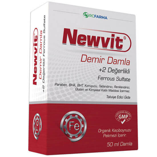 Newvit Demir Damla 50 ml sıvı takviye, her damlada 1,7 mg demir sülfat, organik keçiboynuzu pekmezli- 1