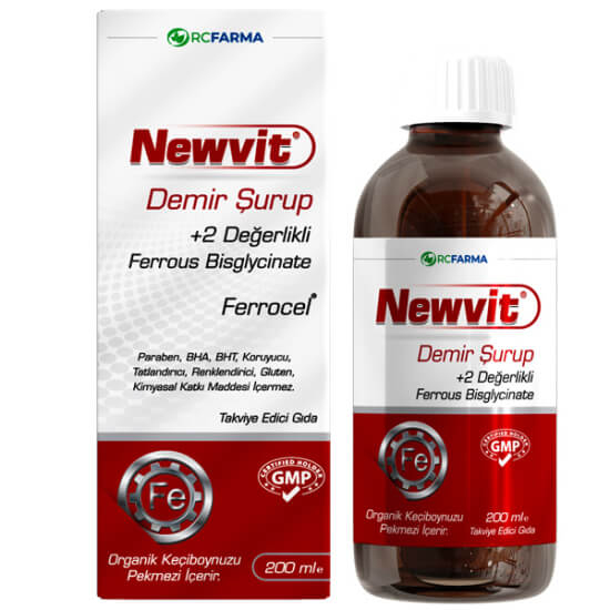 Newvit Demir Şurubu 200 ml şurup, 17 mg/5 ml demir bisglisinat ve organik keçiboynuzu pekmezi, çocuk yetişkin- 1