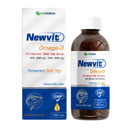Newvit Omega 3 D3 vitaminli balık yağı şurup 150 ml, portakal aromalı, 900 mg EPA 600 mg DHA 400 IU D3- 1