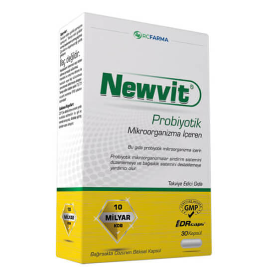 Newvit Probiyotik 30 kapsül 10 milyar CFU 14 cins probiyotik 300 mg inülin 100 mg glutamin DRCaps- 1