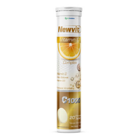 Newvit Vitamin C Complex 20 efervesan tablet portakal aromalı 1000 mg C vitamini 10 mg çinko 1000 IU D3- 1
