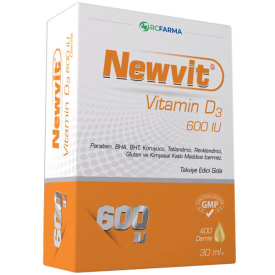 Newvit Vitamin D3 600 IU damla 30 ml cam şişe, 1 damlada 600 IU kolekalsiferol, organik sızma zeytinyağı bazlı- 1