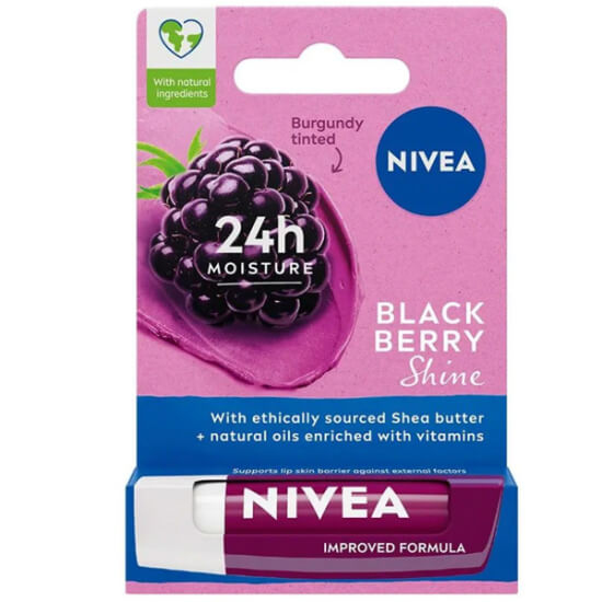 Nivea Black Berry dudak bakım kremi 4,8 gr; shea butter ve Vitamin E ile 24 saat nem, hafif renk, böğürtlen kokusu- 1