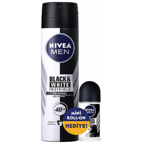  Nivea Black White Sprey Deodorant Erkek 150 ml + Nivea Mini Roll-On Deodorant 25 ml - 1