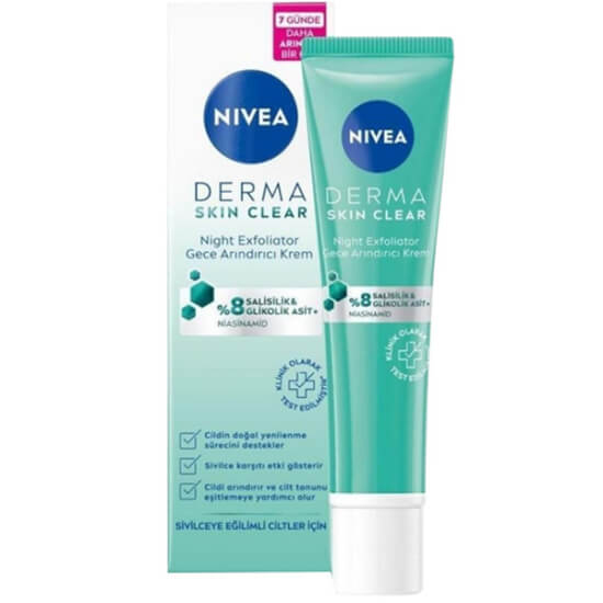 Nivea Derma Skin Clear Night Exfoliator gece arındırıcı krem 40 ml sivilce karşıtı, ton eşitleyici etkili gece kremi- 1