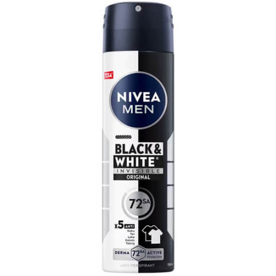 Nivea Invisible Black White erkek deodorant sprey 150 ml, 48 saat antiperspirant, iz bırakmaz, etil alkol içermez- 1