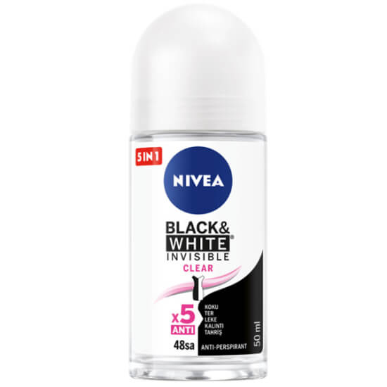 Nivea Invisible Black White Roll On Clear 50 ml 48 saat koruma siyah beyaz kıyafette iz ve leke karşıtı etil alkol içermez- 1