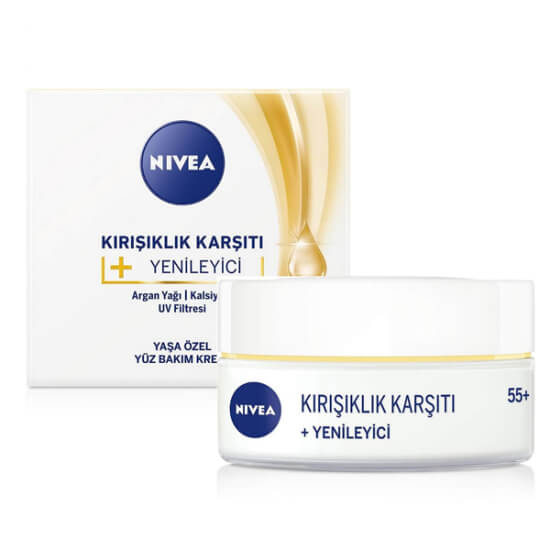 Nivea Kırışıklık Karşıtı 55+ Gece Kremi 50 ml argan yağı kalsiyum avokado yağı pantenol içeren yenileyici krem- 1