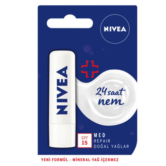 Nivea Med Repair SPF15 dudak stick 4,8 g, E vitamini, 24 saat nemlendirme, kuru ve çatlamış dudaklar için bakım- 1