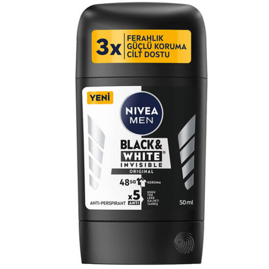 Nivea Men Black White Invisible Original stick deodorant 50 ml 48 saat antiperspirant koruma siyah beyaz giyside iz bırakmaz- 1