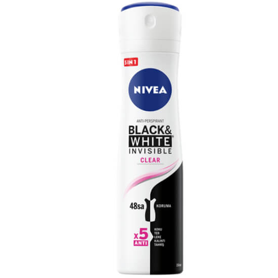 Nivea Invisible Black White Clear sprey deodorant 150 ml 48 saat antiperspirant beyaz iz sarı leke karşıtı alkol içermez- 1