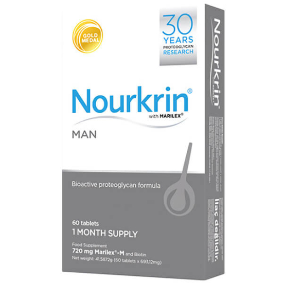 Nourkrin Man 60 tablet saç desteği kutusu, Marilex 720 mg, biotin 0,18 mg ve fenugreek içeren gıda takviyesi- 1