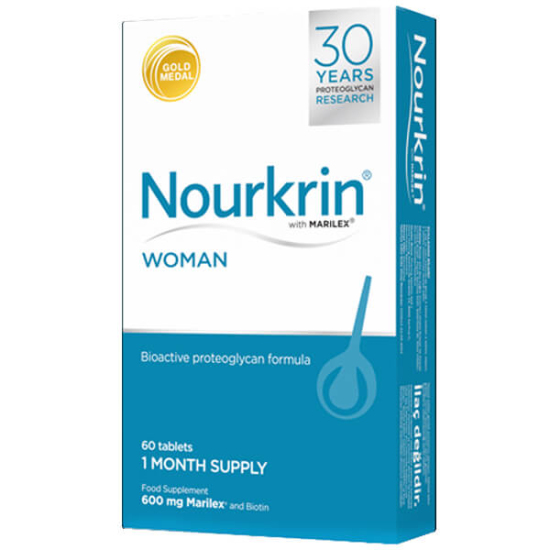 Nourkrin Woman 60 tablet saç vitamini takviyesi, Marilex 600 mg ve Biotin 0,18 mg içeren ürün kutusu- 1