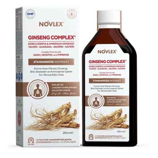 Novlex Ginseng Complex 250 ml sıvı takviye şişesi Kırmızı Kore ginsengi 100 mg kafein 100 mg 5 ml ölçek- 1