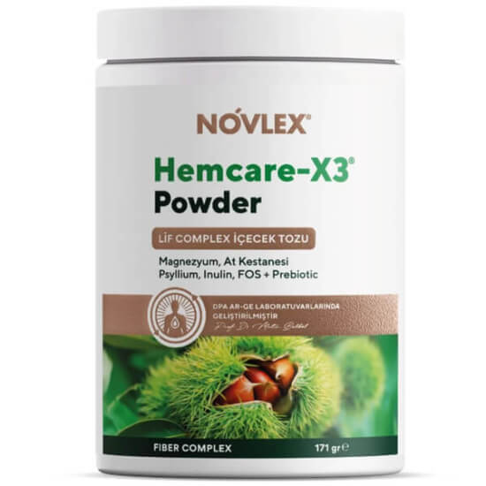 Novlex Hemcare X3 Powder 171 gr toz magnezyum lif kompleksi at kestanesi ekstresi psyllium ve inülin içeren ürün kutusu- 1
