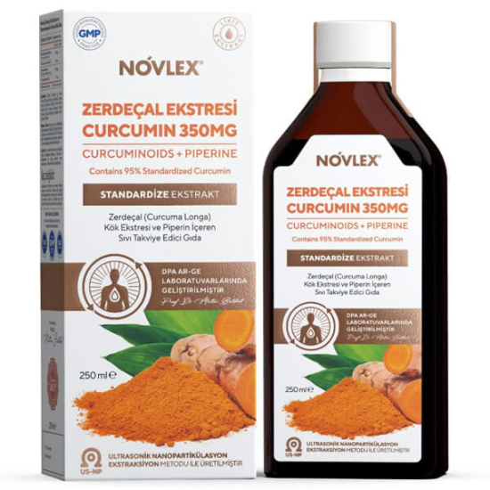 Novlex Zerdeçal Ekstraktı ve Piperin 250 ml sıvı takviye, 10 ml'de 350 mg zerdeçal ekstresi 332,5 mg %95 kurkumin- 1