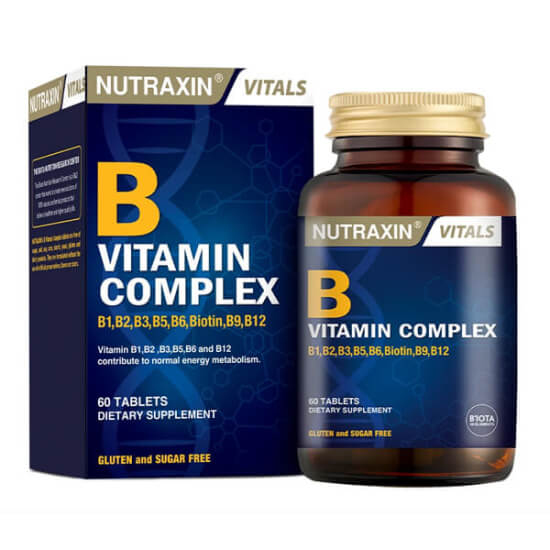 Nutraxin B Vitamin Complex 60 tablet takviye edici gıda B1 50mg B2 50mg B6 10mg B12 50µg folik asit 400µg- 1