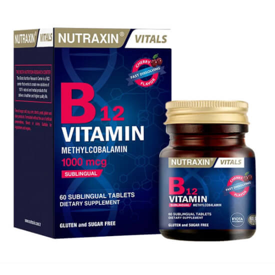 Nutraxin B12 Vitamin 60 dilaltı tablet 1000 µg metilkobalamin takviye edici gıda gluten ve süt ürünü içermez- 1