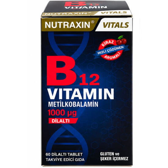 Nutraxin B12 Vitamin 60 dilaltı tablet 1000 µg metilkobalamin takviye edici gıda gluten ve süt ürünü içermez