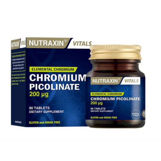 Nutraxin Chromium Picolinate 90 tablet 200 µg krom pikolinat mineral takviyesi, şeker tuz maya soya mısır süt içermez- 1