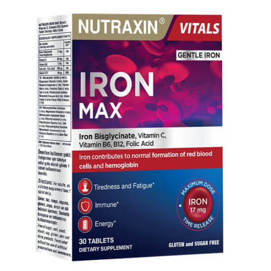 Nutraxin Iron Max 17 mg 30 tablet demir bisglisinat C vitamini 80 mg B6 folik asit B12 içeren takviye- 1