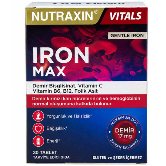 Nutraxin Iron Max 17 mg 30 tablet demir bisglisinat C vitamini 80 mg B6 folik asit B12 içeren takviye