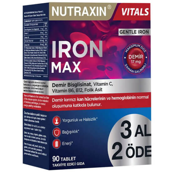 Nutraxin Iron Max 90 tablet demir kompleksi 90 tablet 17 mg demir C 80 mg B6 2 mg folik asit 200 µg B12 50 µg- 1