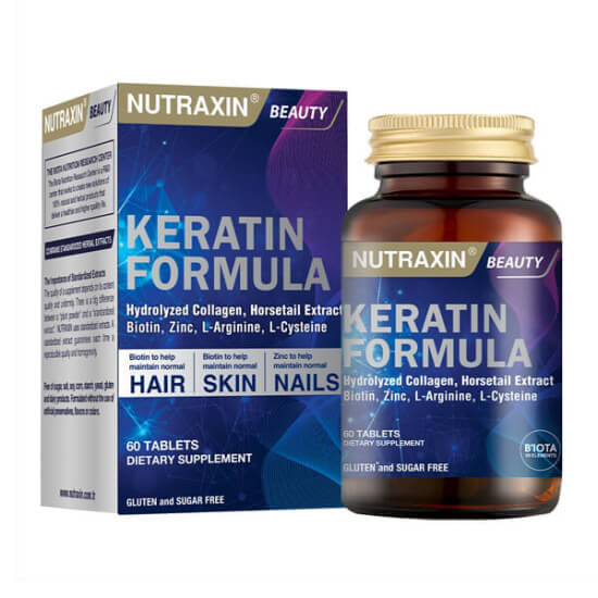 Nutraxin Keratin Formula 60 tablet takviye; hidrolize keratin 100 mg, MSM 100 mg ve biotin ile saç tırnak cilt desteği- 1