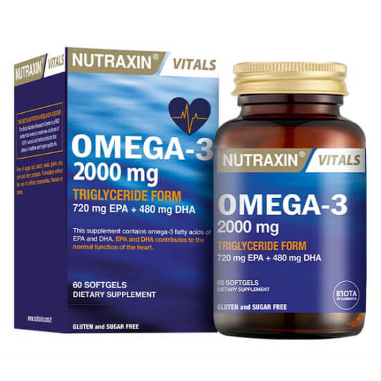 Nutraxin Omega 3 2000 mg balık yağı 60 softgel, EPA 720 mg DHA 480 mg, trigliserid form omega-3 takviyesi- 1