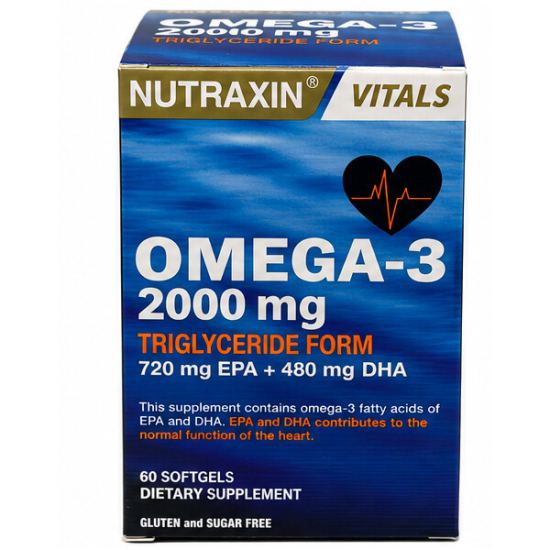 Nutraxin Omega 3 2000 mg balık yağı 60 softgel, EPA 720 mg DHA 480 mg, trigliserid form omega-3 takviyesi